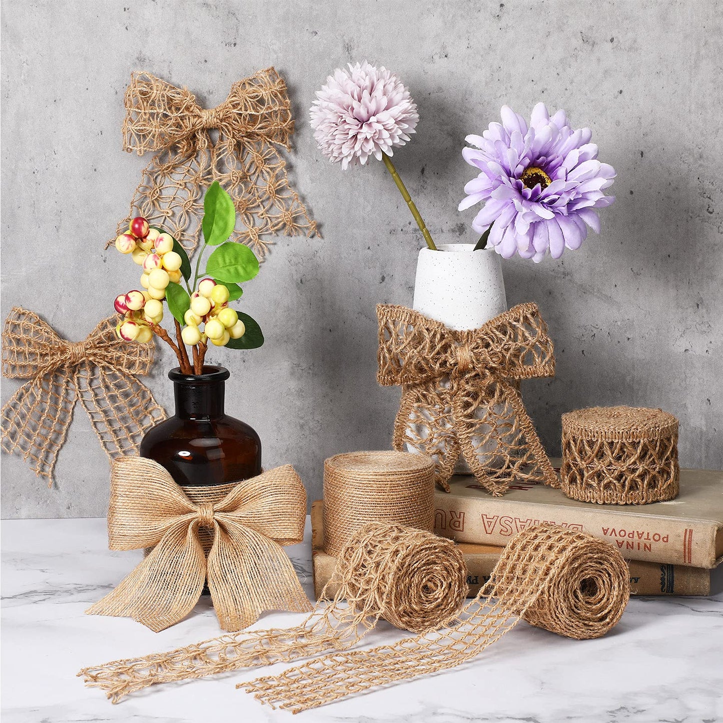 4 Rolls Burlap Ribbon Natural Jute Burlap Lace Mesh Weeding Trim Craft Wrapping Ribbon for Holiday Party DIY Handmade Artist Home Decor Packaging