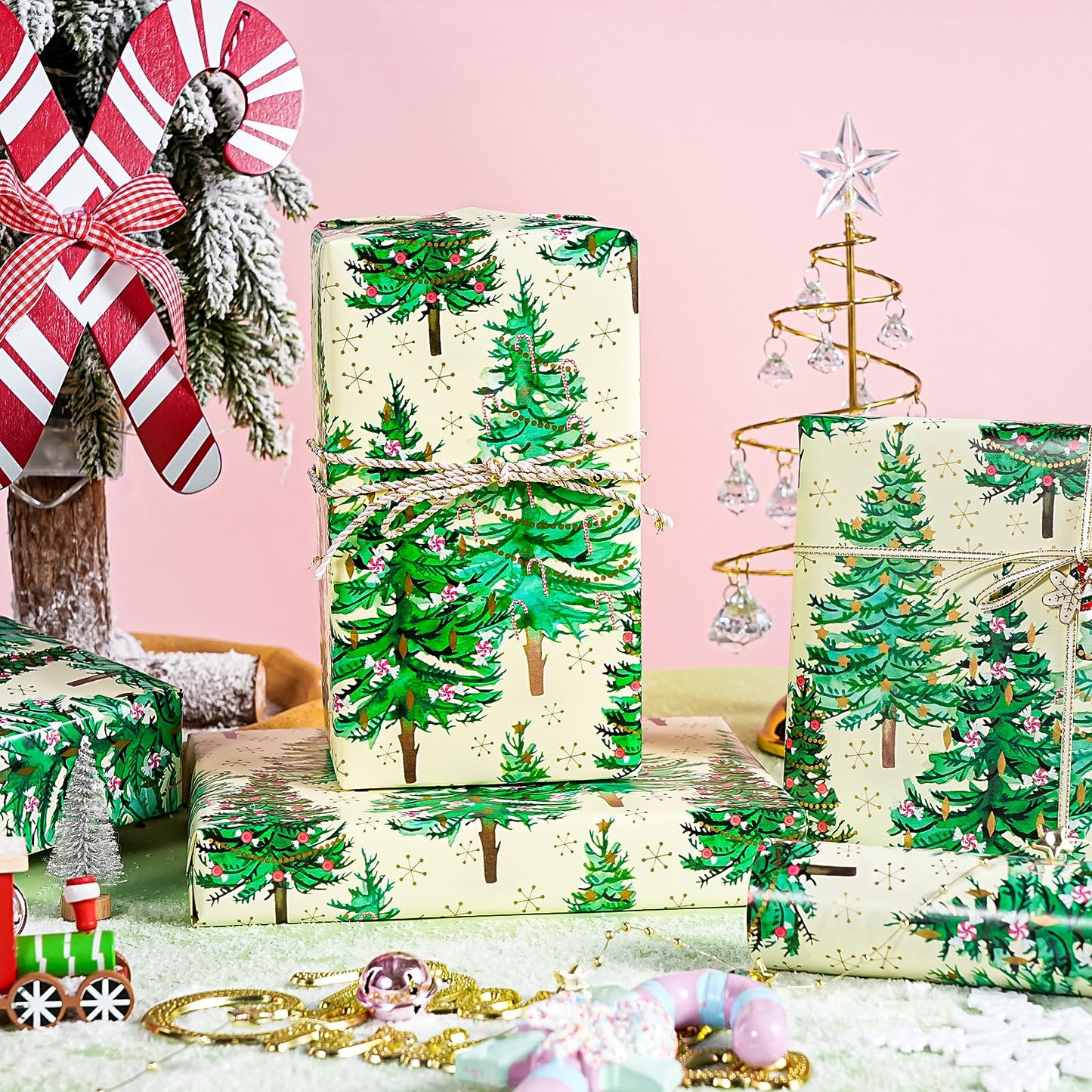 Christmas Wrapping Paper - Mini Roll - 17 Inch x 33 Feet - Gold Print Christmas Tree Wrapping Paper for Xmas Holiday, Party Celebration