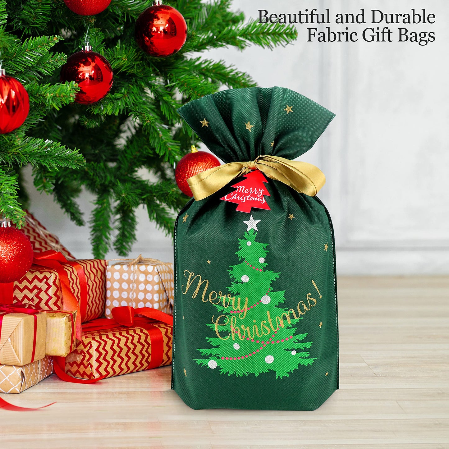 Fabric Gift Bags for Christmas Presents - 6 Pcs Christmas Gift Bags with Drawstring, Large Reusable Drawstring Bags for Gifts (Green Tree)