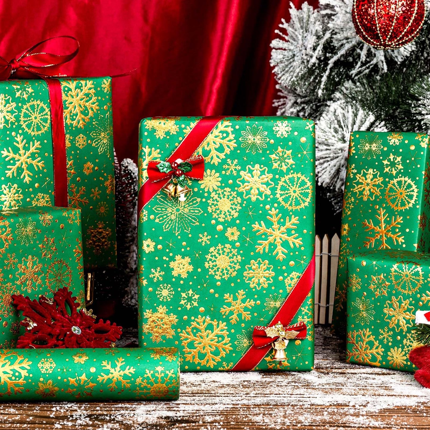 Kraft Christmas Green Wrapping Paper,Gold Luxury Snowflake Metallic Gold Embossed Foil Gift Wrap Roll Design for Holiday, Party,Celebration, New Year (17 Inch X 32.8 Feet)