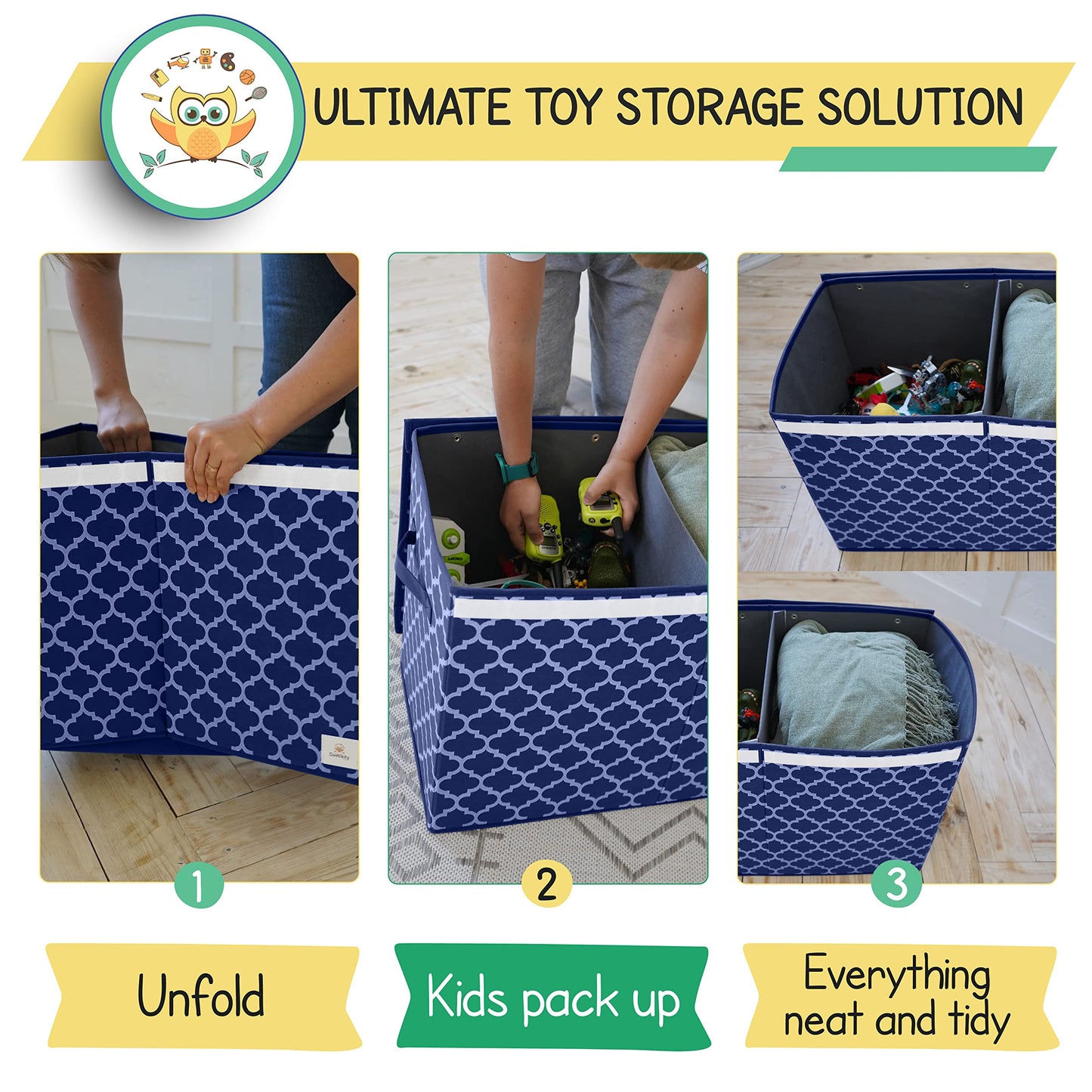 DaWikity Kids Toy Chest - Collapsible Storage Bin for Nursery, Bedroom, and Playroom - Toy Box with Lid, Hook-and-Loop Fastener - Spacious Compartment for Toddler Boys and Girls - 25"x16"x13", Navy