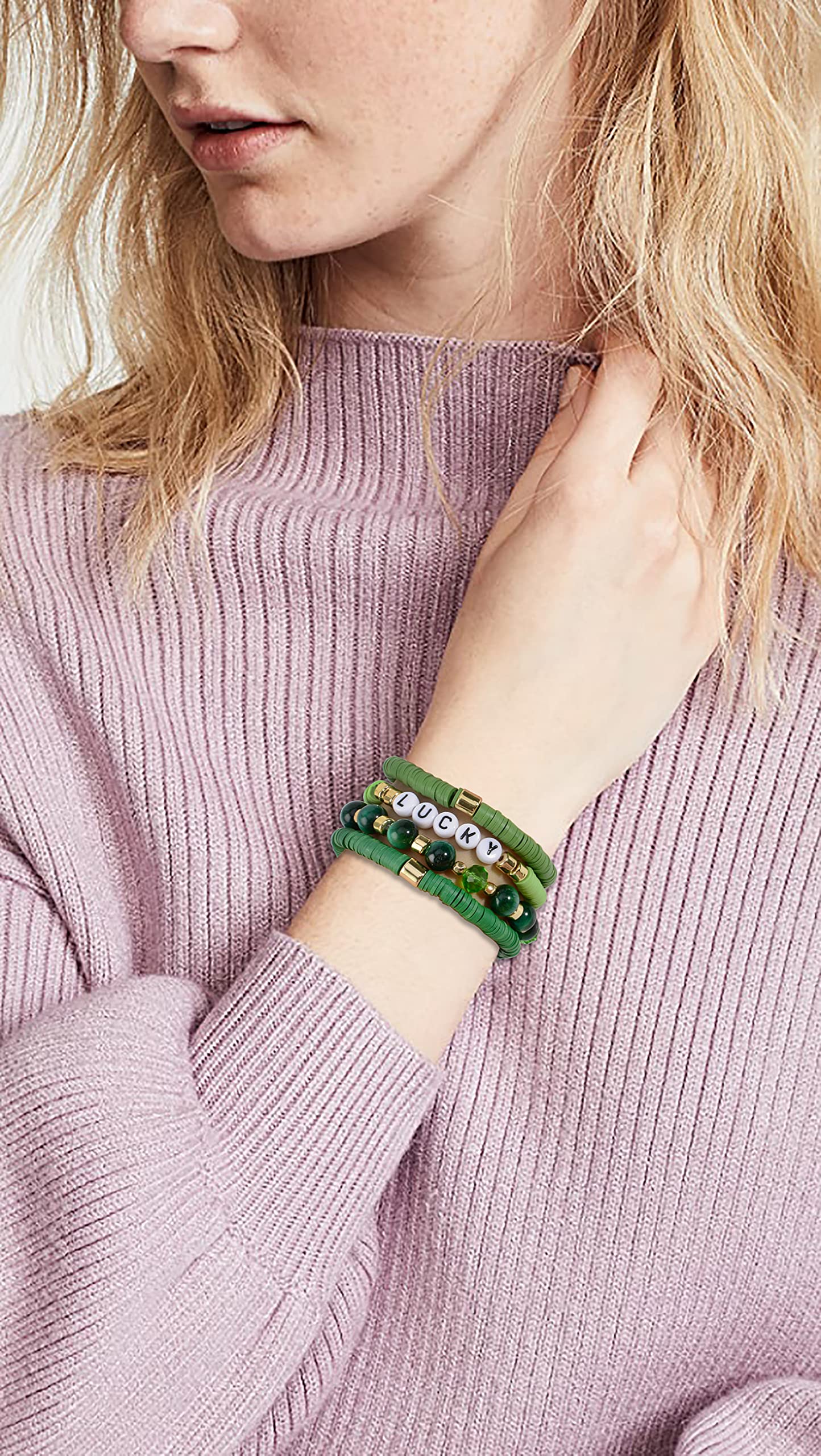 St. Patrick Day Heishi Bracelets for Women Clay Beaded Stretch Bracelets Stackable Crystal Stone Beaded Green Bracelets Set Friendship Boho Outfits Jewelry