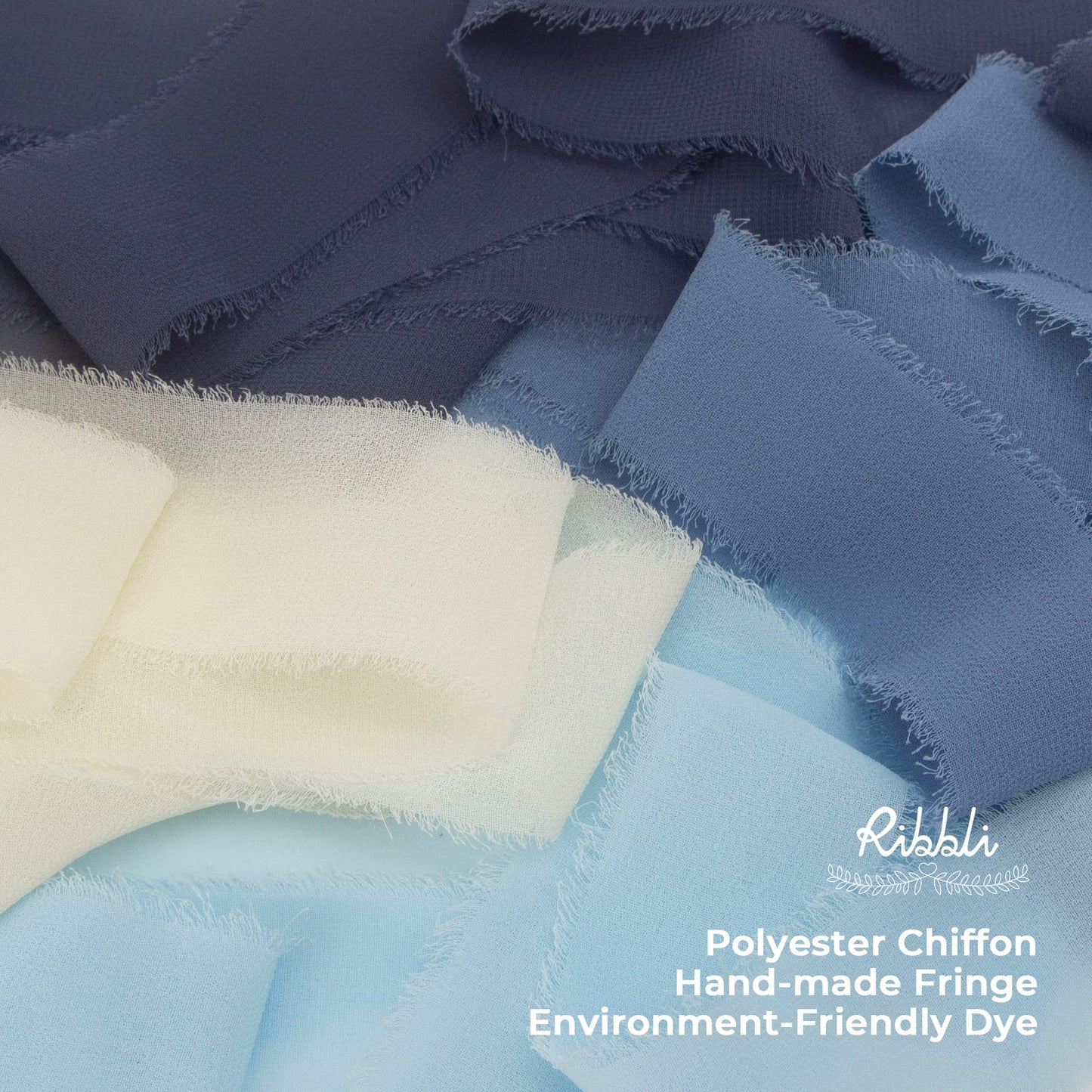 4 Rolls Dusty Blue Chiffon Ribbon Set,Handmade Fringe Silk Ribbon Gauze,1.5 in x 5Yd Each,Ivory/Pastel Blue/Dusty Blue/Dark Blue Ribbon for Wedding Invitations, Bridal Bouquets Wrapping