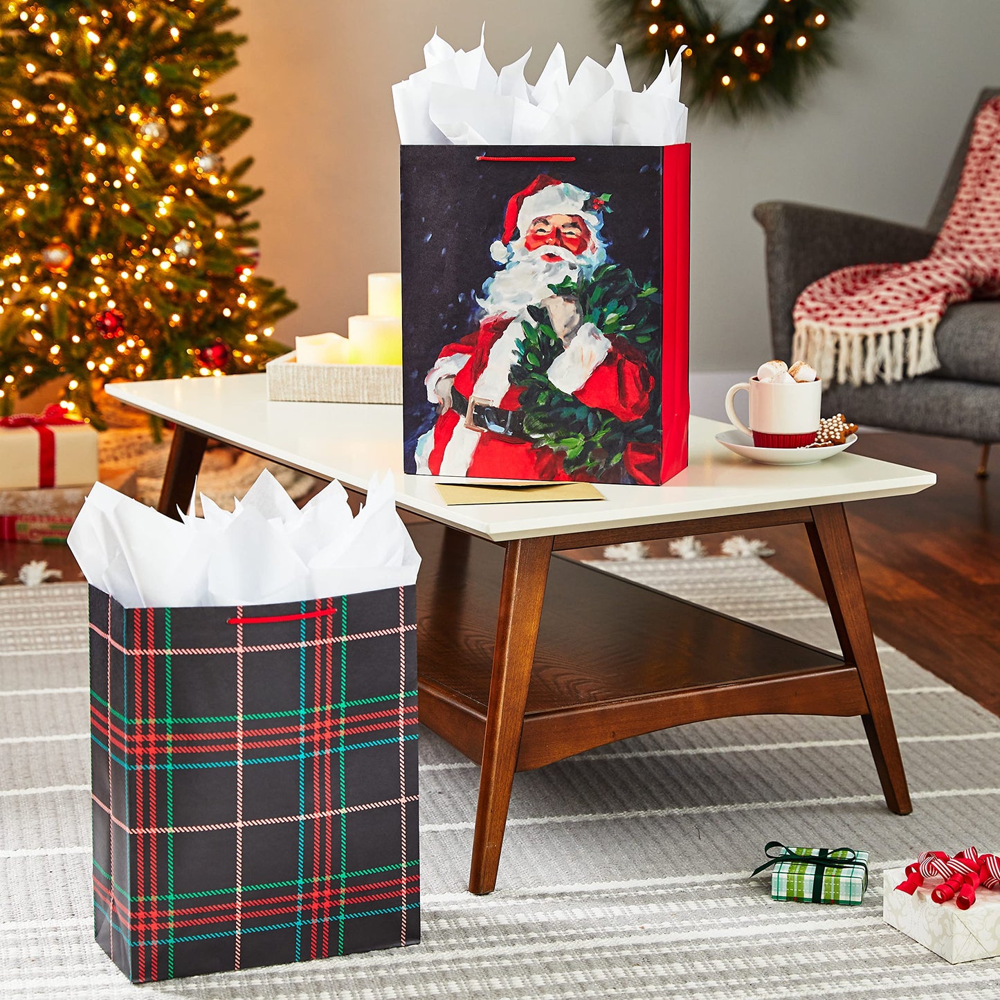 15" Extra Large Christmas Gift Bag Set (2 Bags: Classic Santa, Black, Red and Green Plaid) for Friends, Family, Teachers, Coworkers