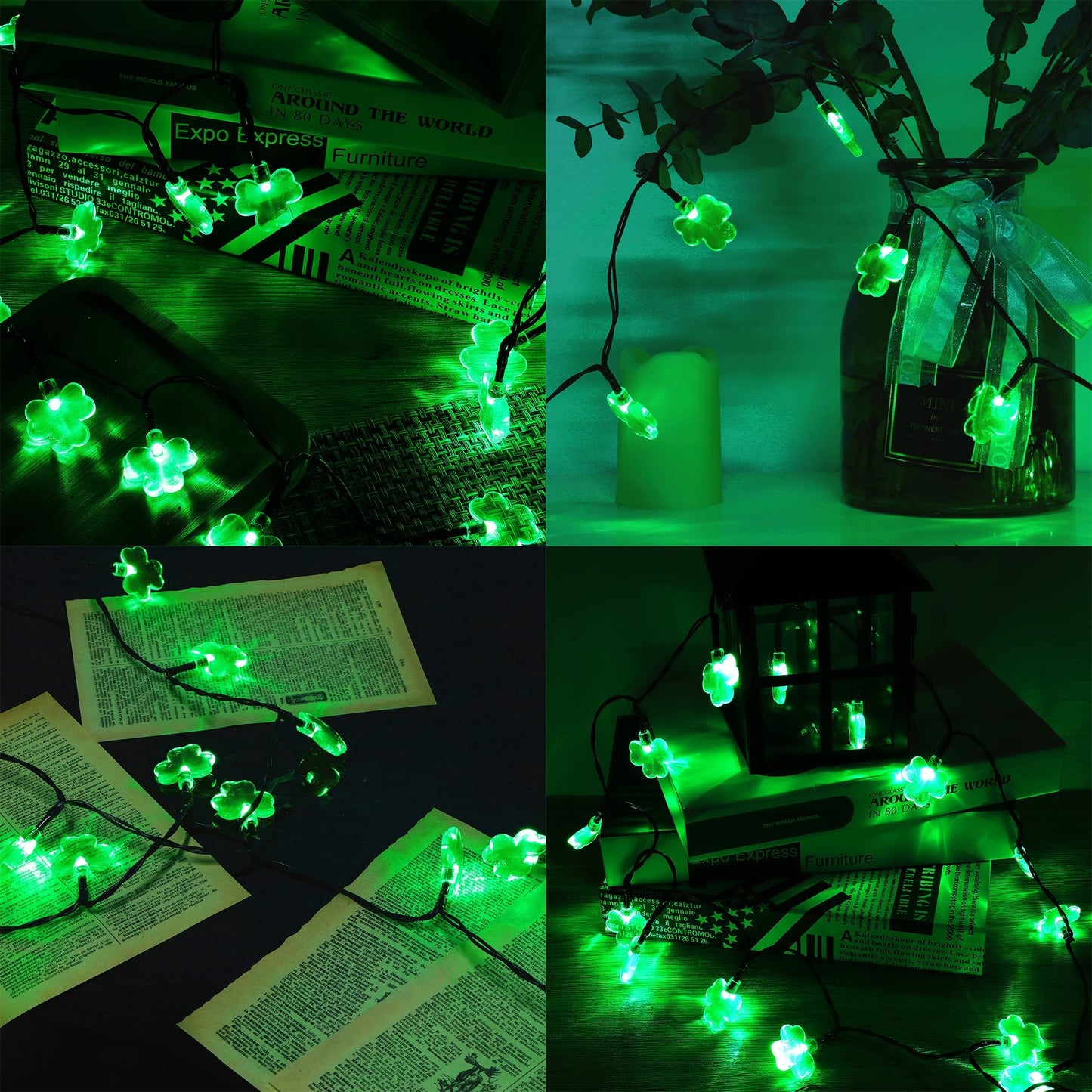 St. Patricks Day String Lights Outdoor, 50 LED 16 FT Shamrocks Decorative Green Leaf Lights Battery Operated, 8 Lighting Modes & Timer, Waterproof for Home Garden Party Decoration, 1 Pack