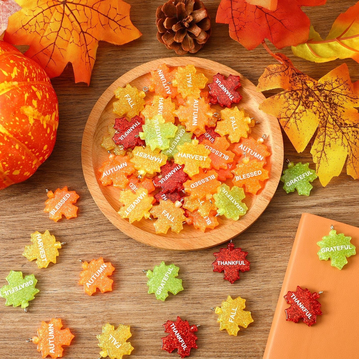 48Pcs Glitter Fall Maple Leaf Ornaments Resin Thanksgiving Hanging Ornaments for Small Tree Autumn Harvest Hanging Pendants Charms with String for Party Favors Home Table Wall Decor