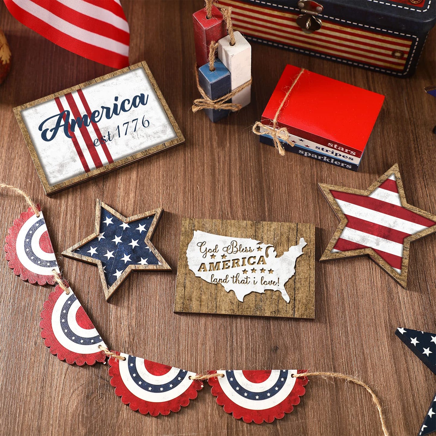 FairySandy 13 Pcs Memorial Day Decorations American 4th of July Patriotic Tiered Tray Decor Rustic 250th Anniversary Farmhouse Table Wooden Sign USA Flag Star Red White Blue for Independence Day Party