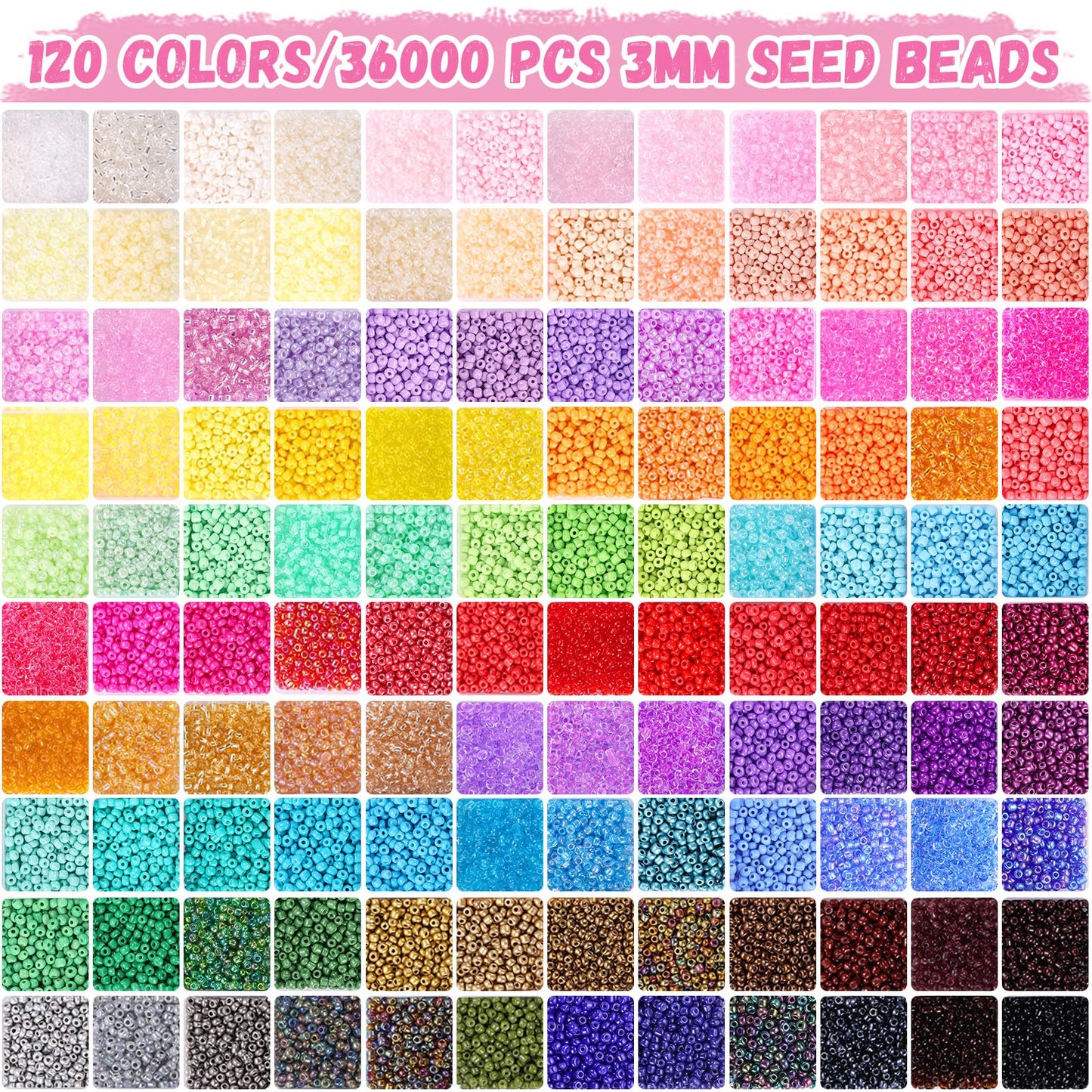 Funtopia 3mm 37000pcs+ Seed Beads for Jewelry Making, 120 Colors Small Glass Beads for Bracelets, Friendship Bracelet Kit with Alphabet Letter Beads Smile Face Beads for DIY, Art and Craft