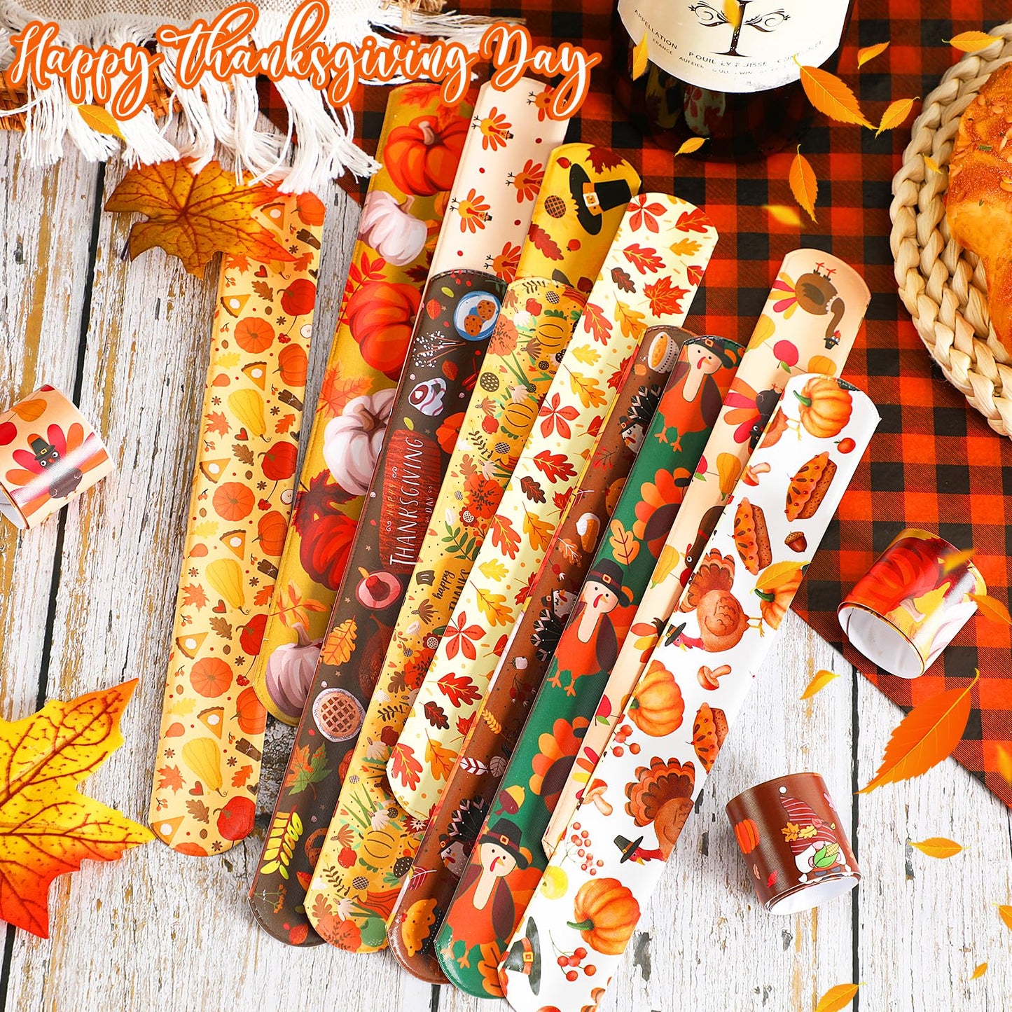 Thanksgiving Slap Bracelets, 56 Pcs Thanksgiving Gifts for Kids Autumn Maple Leaf Turkey Pumpkin Snap Bracelets Wristbands for Fall Party Favors Decorations Student Classroom Prizes