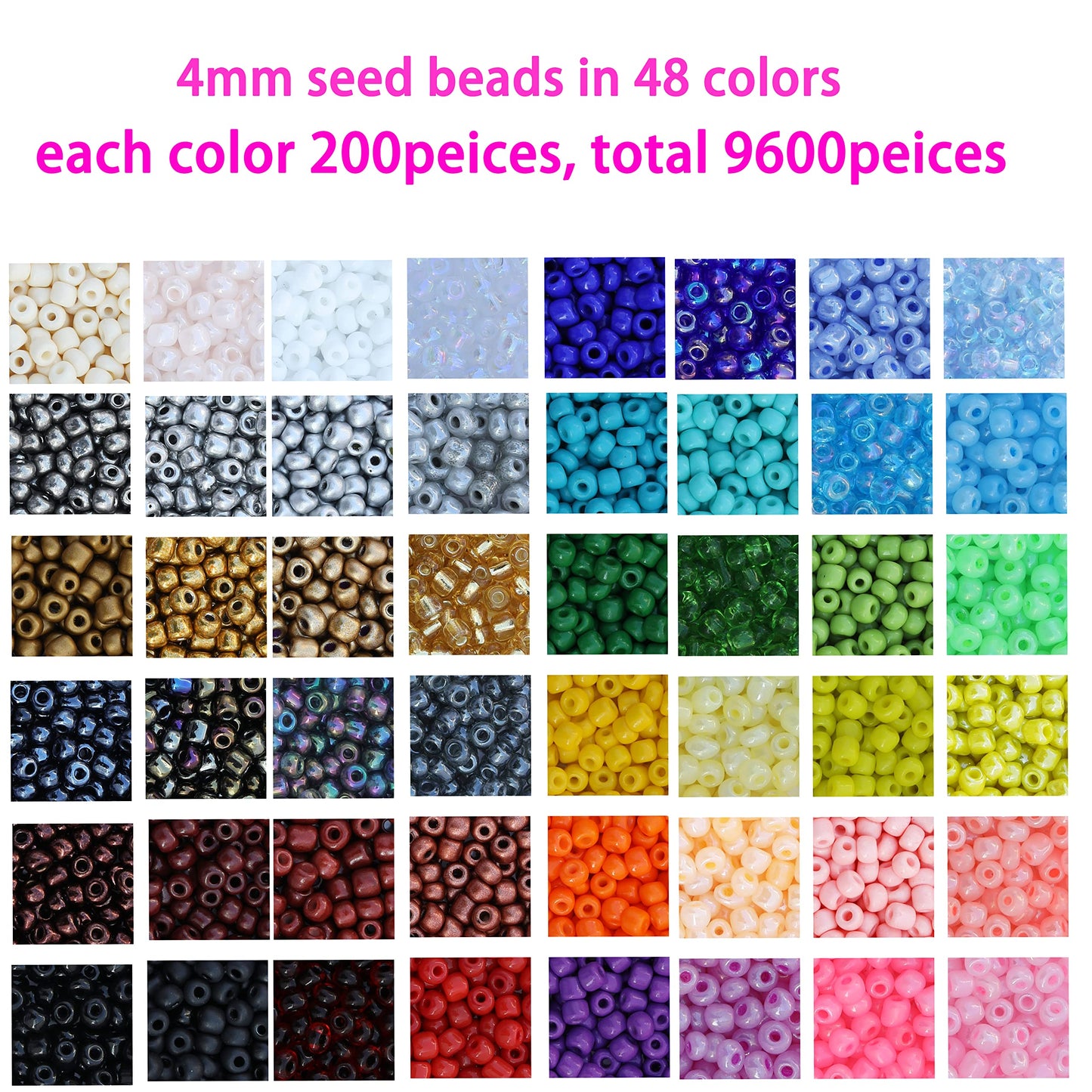 8600 pcs 4mm 6/0 48 Colors Glass Seed Beads, Charms Bracelet Jewelry Making Beads Kit Gifts Small Craft Glass Beads with Beading Elastic String for Bracelets Earrings Necklaces Making(48 Colors)