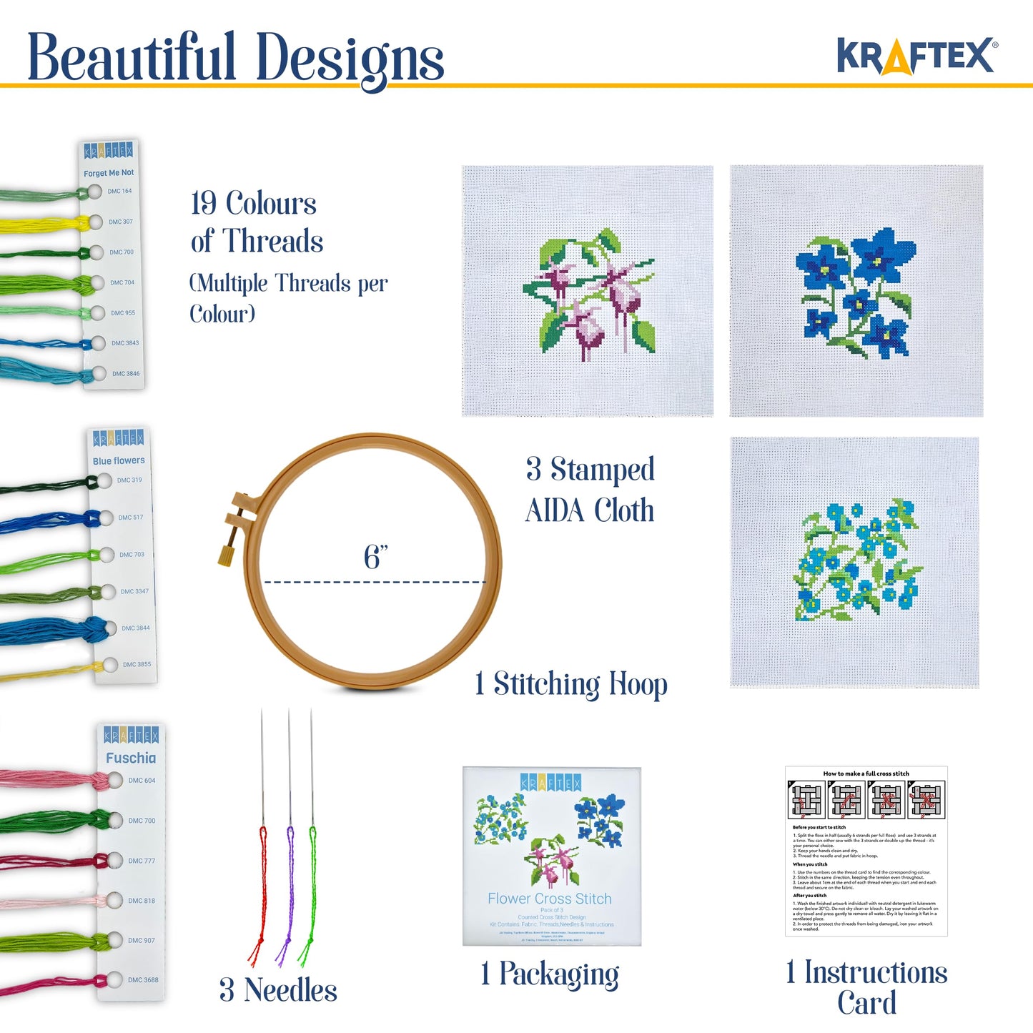 Floral Stamped Cross Stitch Kits for Beginners - 3 Pack. DIY Embroidery Needlepoint Patterns for Adults and Kids. Easy Cross Stitch Kits for Beginners (Blue Flowers, Forget Me Not & Fuschia)