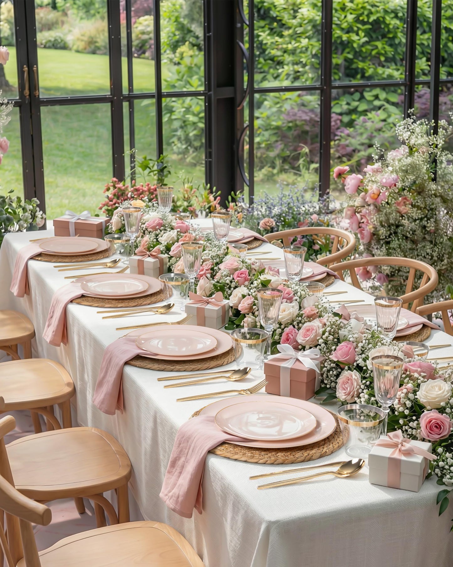 bUCLA 150PCS Pink Plastic Plates - Pink and Gold Disposable Include 25 Each (Dinner & Dessert) Plates, 25 Knives, 25 Forks, 25 Spoons and 25 Cups, Ideal for Party, Wedding & Easter