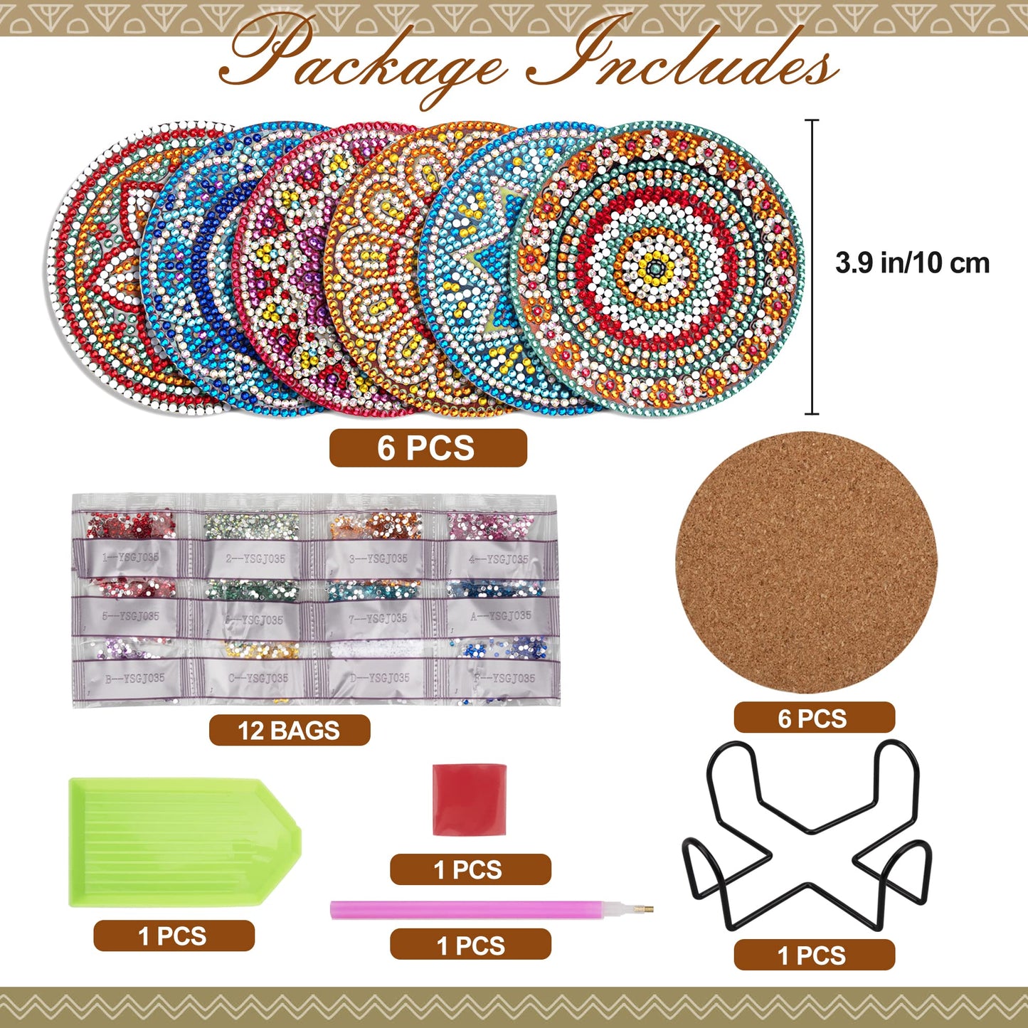 Temlum 6 Pcs Diamond Painting Coasters with Holder, Mandala Diamond Art Coasters Kits for Beginners, Adults Small Diamond Painting Kit Art Craft Supplies