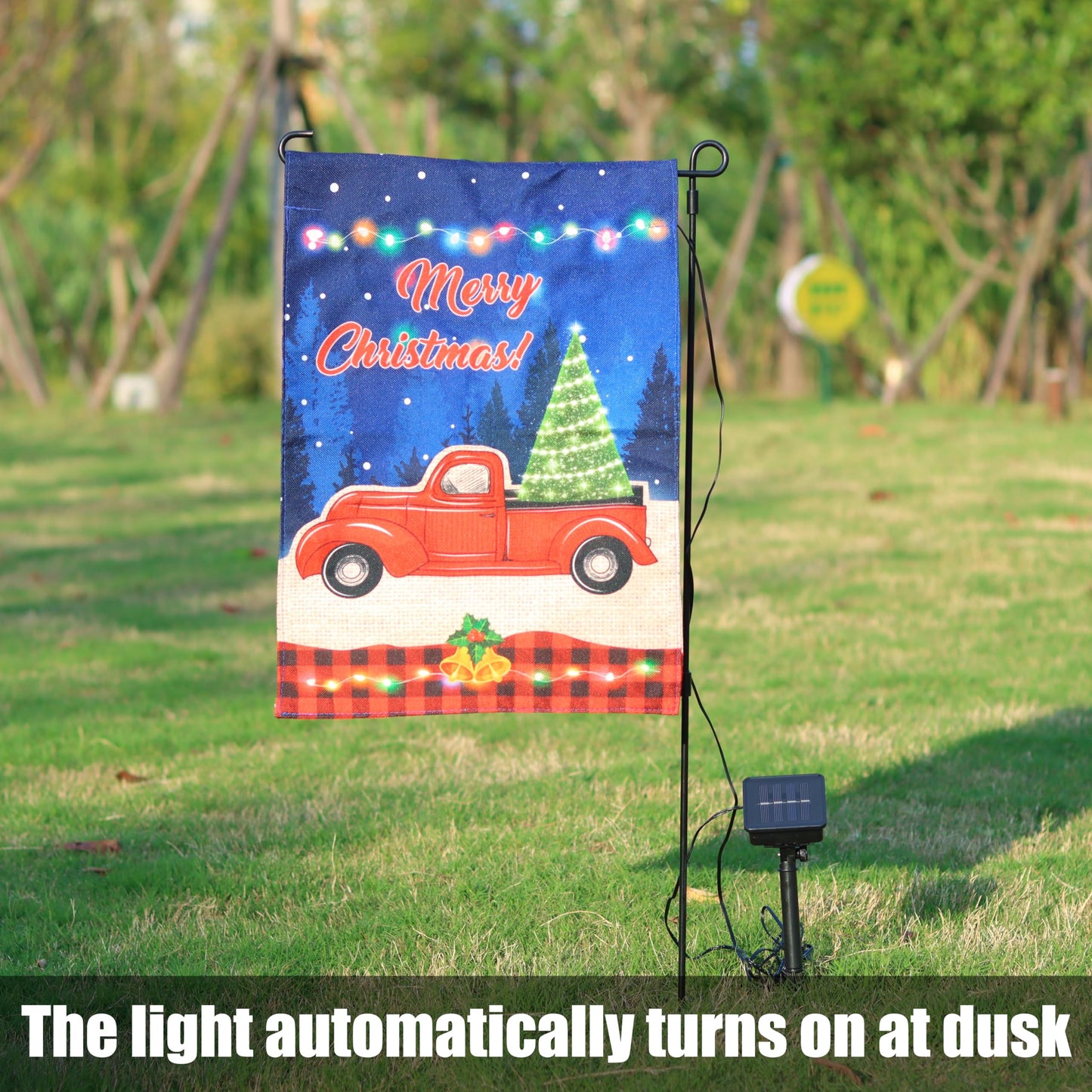 Lighted Christmas Garden Flag, LED Red Truck Flag Double Sided, Vertical Merry Christmas Flag for Outdoor Yard Garden Lawn Holiday Decoration(12x18 Inch)