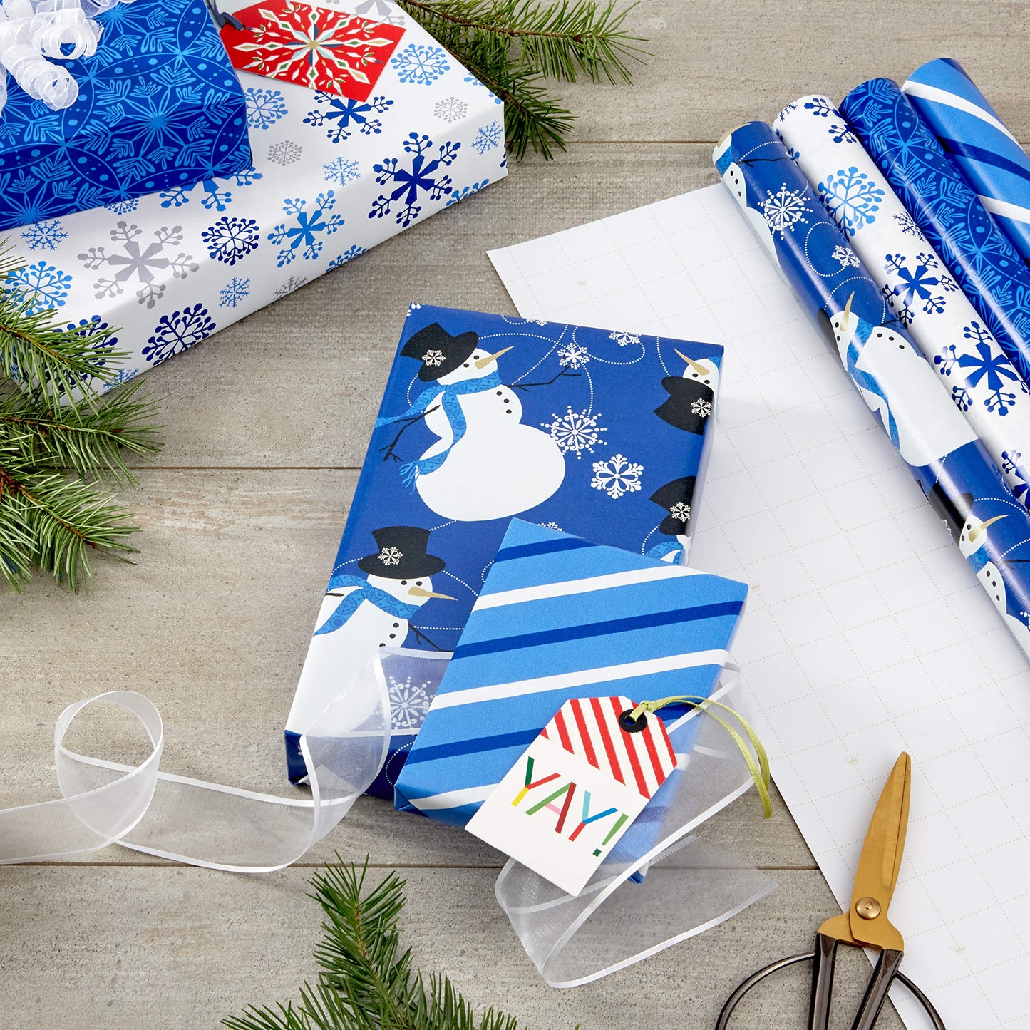 Arts Blue Christmas Wrapping Paper with Cut Lines on Reverse (4 Rolls: 120 sq. ft. ttl) Snowmen, Snowflakes, Blue and White Stripes