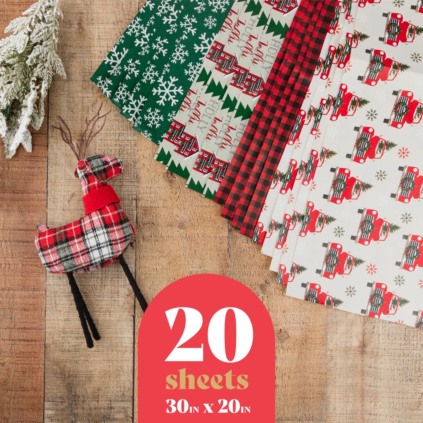 Christmas Wrapping Paper Sheets – 20 Precut (30"x20") Sheets – 4 Unique Holiday Gift Wrap Patterns