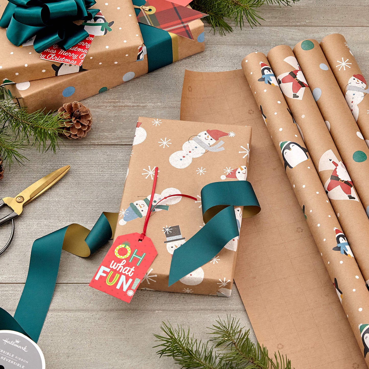 Kraft Christmas Wrapping Paper for Kids with Cut Lines on Reverse (4 Rolls: 88 sq. ft. ttl) Penguins, Santa, Snowmen, Polka Dots