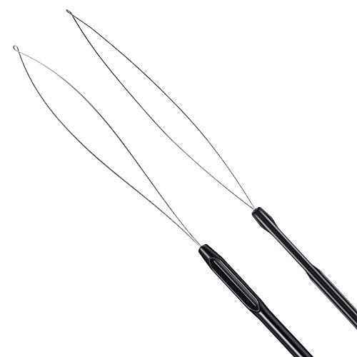 10 Pieces Hair Extension Loop Needle Threader Pulling Hook Tool and Bead Device Tool Black Loop Threader for Hair or Feather Extensions (Black)