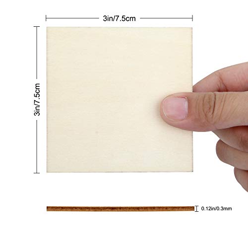 Blisstime 100pcs 3 x 3 Inches Unfinished Wood Squares Pieces, 3mm 1/8" Natural Plywood Sheets Wood Coasters Wooden Square Cutouts for Crafts, Painting, DIY, Engraving and Carving, Home Decor