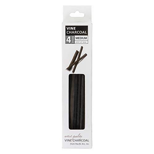 Pacific Arc Artist Vine Charcoal, Medium, Black 4 Charcoal Sticks for Drawing, Sketching, and Fine Art