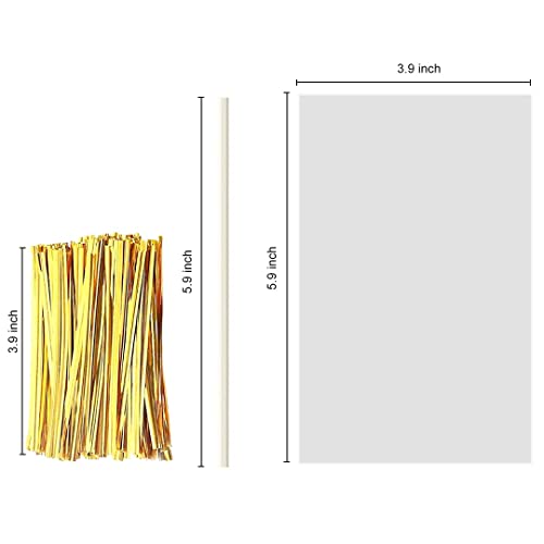 360pcs Cake Pop Sticks and Wrappers Ties Kit, Including 120ct 6-inch Paper Lollipop Sticks, 120ct Cake Pop Parcel Bags, 120ct Gold Twist Ties for Candy Making Packaging Supplies