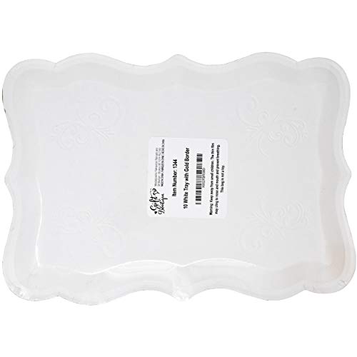 10 White Rectangle Trays with Gold Rim Border for Elegant Dessert Table Serving Parties 9" X 13" Heavy Duty Disposable Paper Cardboard for Platters, Cupcake Display, Birthday Party, Weddings Food Safe