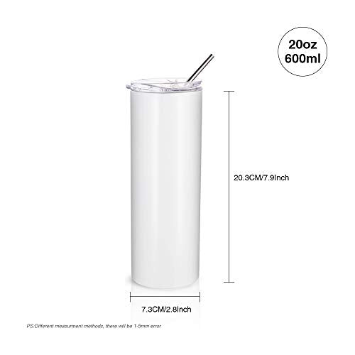 PYD Life 2 PCS Sublimation Blanks Skinny Tumbler White 20 OZ Straight Double Wall Stainless Steel Tumbler with Metal Straw Tumbler Cups for Tumbler Heat Press Machine Heat Transfer