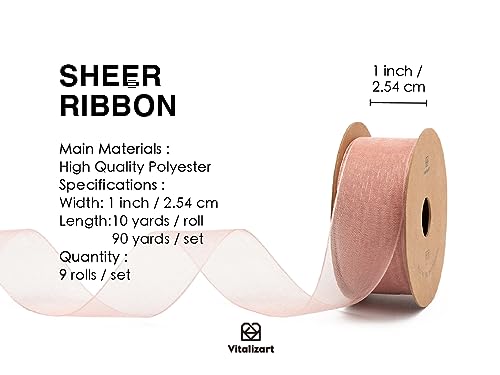 Vitalizart 1" x 90Yd Organza Ribbon Mixed Color Sheer Ribbons Set 10 Yd x 9 Rolls Handmade Eco-Friendly for Gift Wrapping Christmas Tree Crafts Bows Wedding Invitations Wreaths Wrap