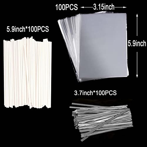Silver Lollipop Cake Pop Treat Bag Set Including 100pcs Parcel Bags, 100pcs Papery Treat Sticks, 100pcs Colorful Metallic Twist Ties for Making Lollipops, Cake Pops, Candies, Chocolates and Cookies