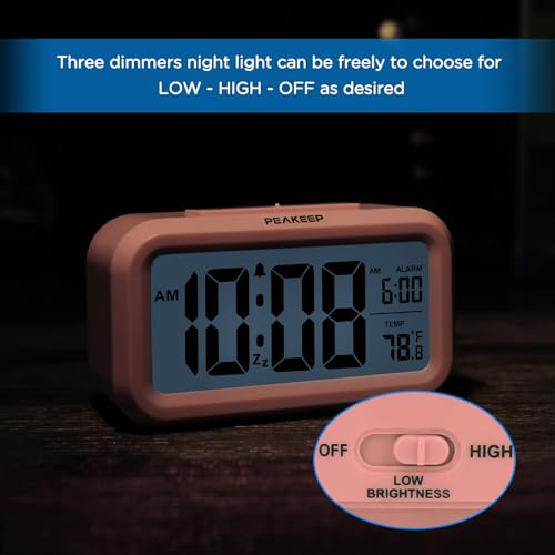 Peakeep Night Light Digital Alarm Clock with Indoor Temperature, Battery Operated Desk Small Clock (Light Salmon Pink)