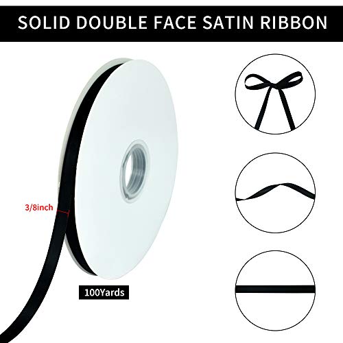 TONIFUL 3/8 Inch x 100yds Black Satin Ribbon Thin Solid Fabric Ribbons Roll for Gift Wrapping Invitation Floral Hair Balloons Craft Sewing Party Wedding Popsicles Decoration Valentine's Day Bouquet