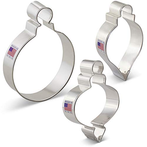 Christmas Ornaments Cookie Cutters 3-Pc Set Made in USA by Ann Clark, Teardrop Bauble, Finial, and Round Ornaments