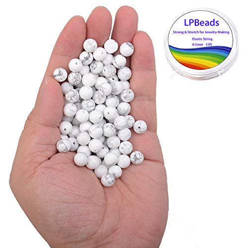 LPBeads 100PCS 8mm Natural White Howlite Beads Gemstone Round Loose Beads for Jewelry Making with Crystal Stretch Cord