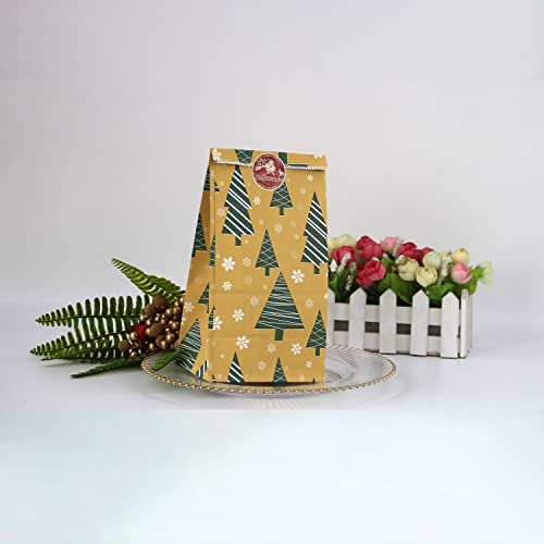 Christmas Treat Bags, 24 Pcs Christmas Paper Bags, 24 Pcs Christmas Stickers, Christmas Goodie Bag Party Supplies for Classrooms, Party Favors, Kraft Holiday Goody