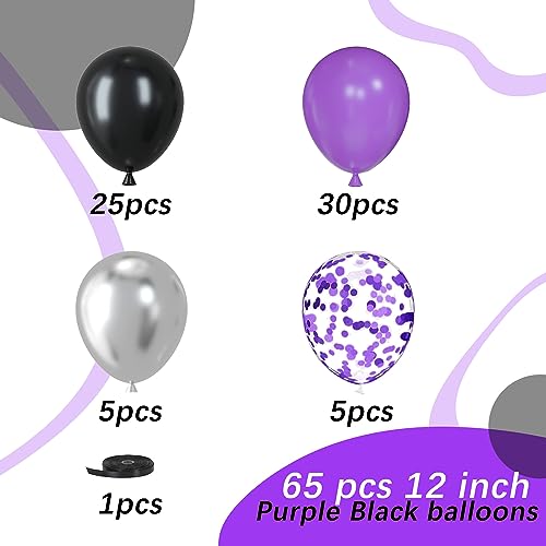 Purple Black Silver Latex Balloons, 65pcs 12 Inches Metallic Silver Purple Confetti Balloons with 1 Ribbon for Halloween, Birthday, Graduation, Anniversary,Wednesday party decorations