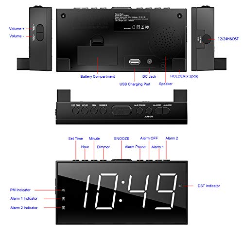 Alarm Clock for Bedroom, 2 Alarms Loud LED Big Display Plug in Simple Basic Digital Clock with USB Charging Port, Adjustable Volume, Dimmable, Snooze for Deep Sleepers Kids Elderly Home Office