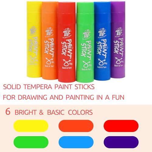 TBC The Best Crafts Paint Sticks, 6 Classic Colors, Washable, Non- Toxic, Tempera Paint Sticks for Kids and Student