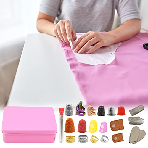 23Pcs Sewing Thimble Finger Protectors, Adjustable Metal Copper Finger Thimble Silicone Leather Thimble Finger Tips Finger Shield Ring Fingertip Quilting Sewing Supplies for Embroidery Needlework(P)