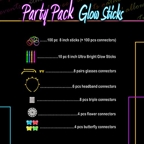 Glow Sticks Party Pack - 240 PCS Includes, 100 Pcs 8' Glow sticks,10 Pcs Ultra-Bright 6' Glow Sticks, And All Exciting Accessories – Create Glow In The Dark Necklaces, Bracelets, Glasses, Headbands, Balls, Flowers