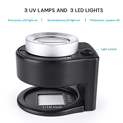 30X Loupe Magnifier with 6 Light,Desktop Portable Metal Magnifier Folding Scale Sewing Magnifing Glass for Textile Optical Jewelry Tool Coins Currency (Black)