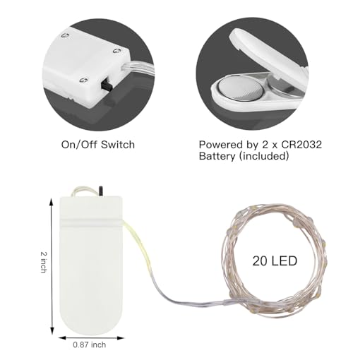 LEDIKON 20 Pack Fairy Lights Battery Operated Mini String Lights-7.2ft 20 LED Silver Wire Warm White for Wedding,Party Centerpieces,Crafts,Table,Mason Jars Decor-Long Lasting Battery Fairy Lights