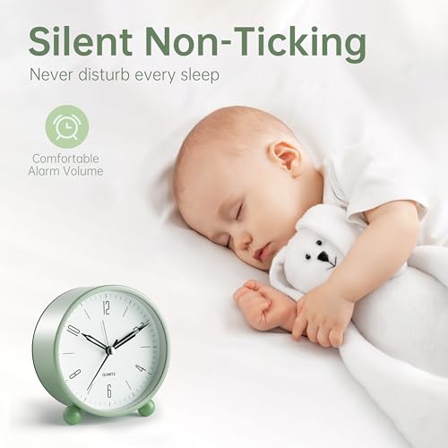 Analog Alarm Clock, 4 inch Super Silent Non Ticking Small Clock with Night Light, Battery Operated, Simple Design, Old Fashioned Style Sage Decor, for Bedroom, Bedside, Desk, Adult, Kid, Gift, Green