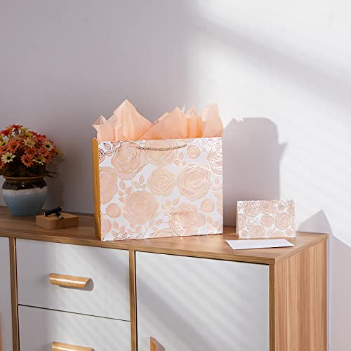 SUNCOLOR 13" Rose Gold Large Gift Bag with Card and Tissue Paper