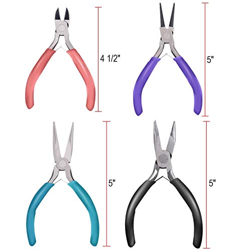 Anezus 4Pcs Jewelry Tool Set Includes Needle Nose Pliers, Round Nose Pliers, Wire Cutters and Bent Nose Pliers for Jewelry Beading Repair Making Supplies