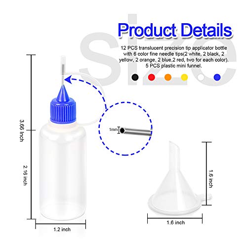YGDZ 12pcs Precision Tip Applicator Bottles, 30ml Needle Tip Squeeze Glue Bottles for Paint Quilling Craft, 6 Colors Precision Bottles with 5 Mini Funnels