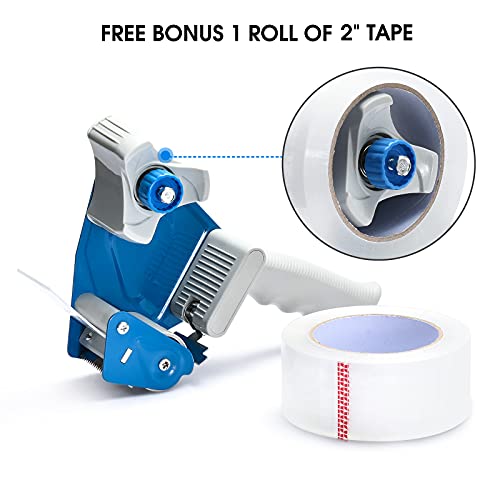 Packing Tape Dispenser Gun, Pacific Mailer 2 Inch Tape Gun Dispenser with 2 Inch Carton Packing Tape, Lightweight Industrial Side Loading Tape Dispenser - Blue