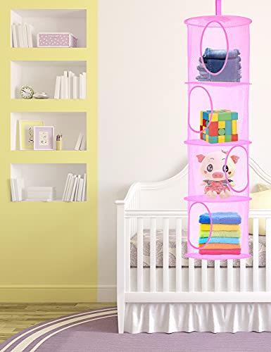 coastal rose 2Pcs Stuffed Animal Storage Foldable Stuffed Animal Net or Hammock Organizer, 4 Compartments Hanging Mesh Toy Storage Hammock for Kid Room Toys, Gloves, Hats, Socks(Pink)