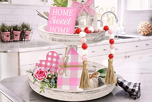 BlueMake Valentine's Day Wood Bead Garland with Tassel,Rustic Wooden Bead Decor Farmhouse Beads Big Wall Hanging Decor (Pink/Red/White)