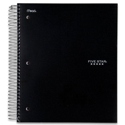 Five Star Spiral Notebook + Study App, 5-Subject, College Ruled Paper, Fights Ink Bleed, Water Resistant Cover, 8-1/2" x 11", 200 Sheets, Black (72081)