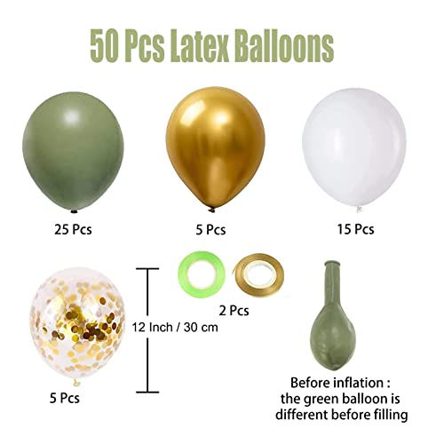 Sage Green Gold White Party Balloons, 50Pcs Sage Green and Gold Confetti Party Balloons For Birthday Baby Shower Engagement Wedding Anniversary Party Decorations